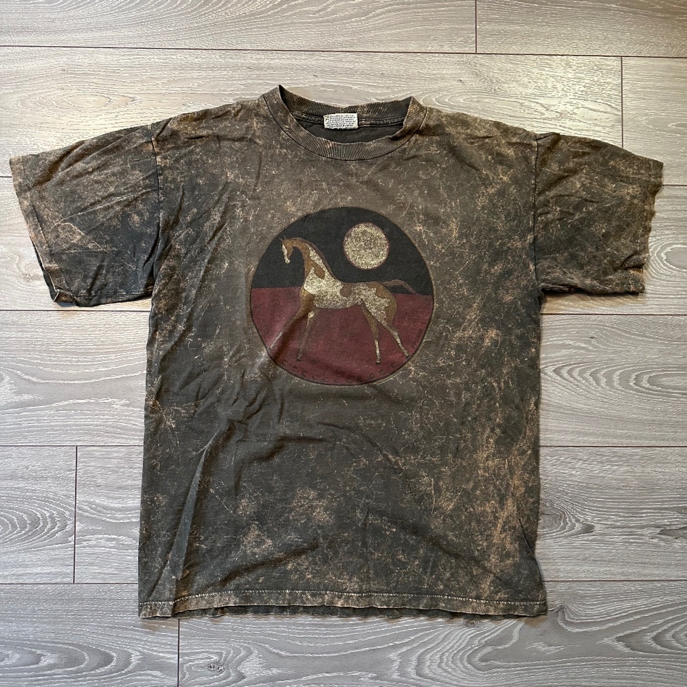 Vintage Equestrian Horse Graphic Tee. Black and Brown Tie Dye.